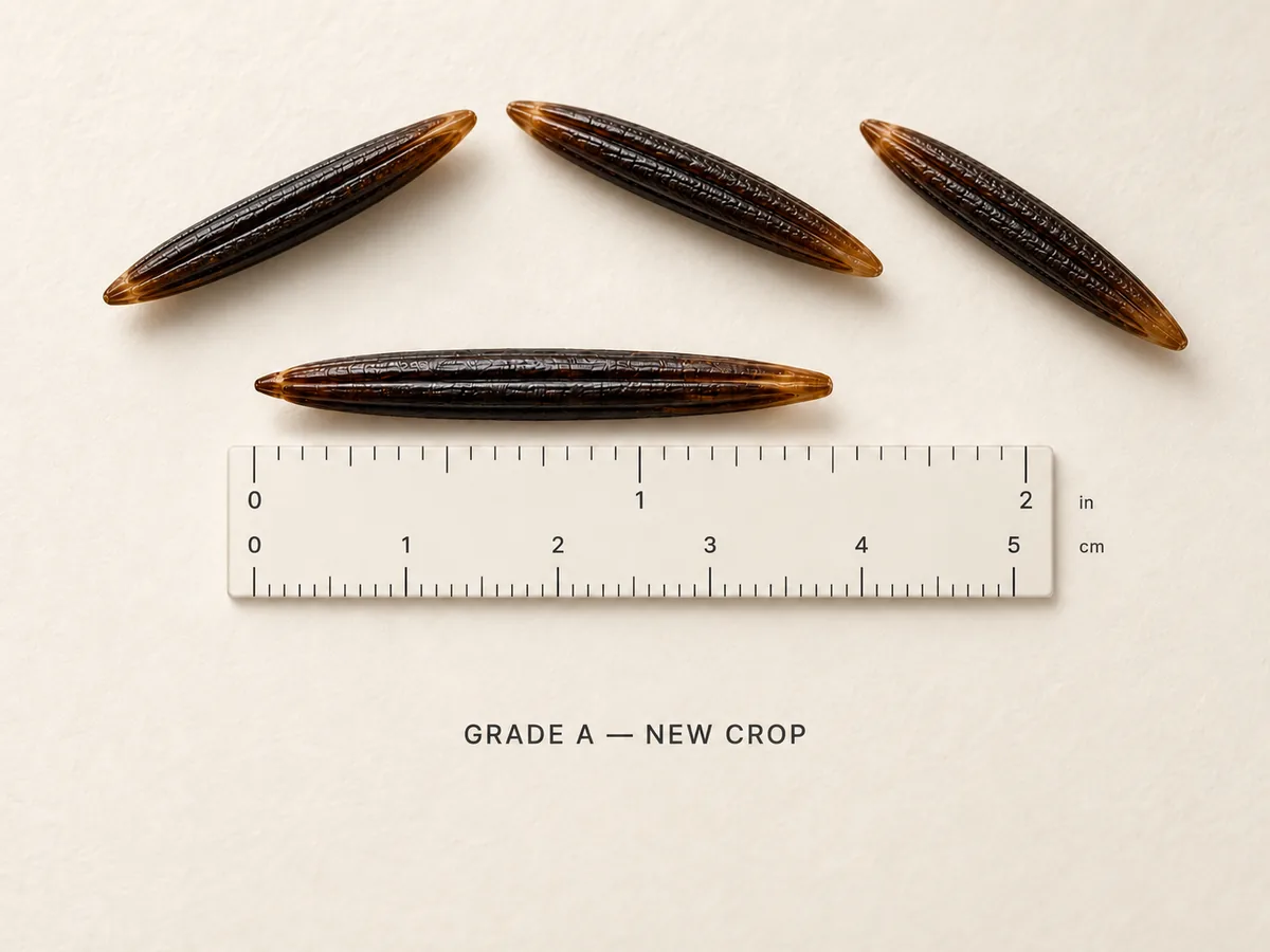 Grade A New Crop Canadian wild rice grains displayed beside a ruler to illustrate grain length.